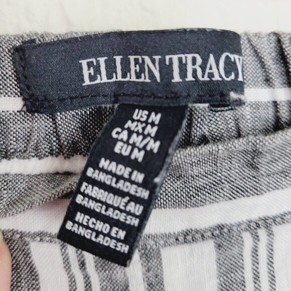 Ellen Tracy Med 100% Linen Striped Pants Wide Leg Cropped Gray & White Coastal - Picture 5 of 6